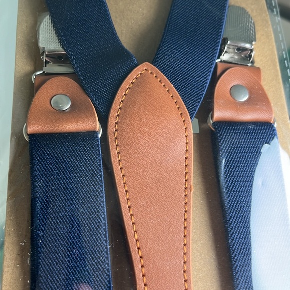 Children Navy Suspenders with 4 Clip-on, Y Back Brace, Tan Leather, Adjustable - Picture 4 of 4